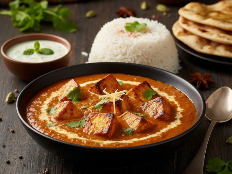 Házi sajt fűszeres, paradicsomos szószban (paneer tikka masala)