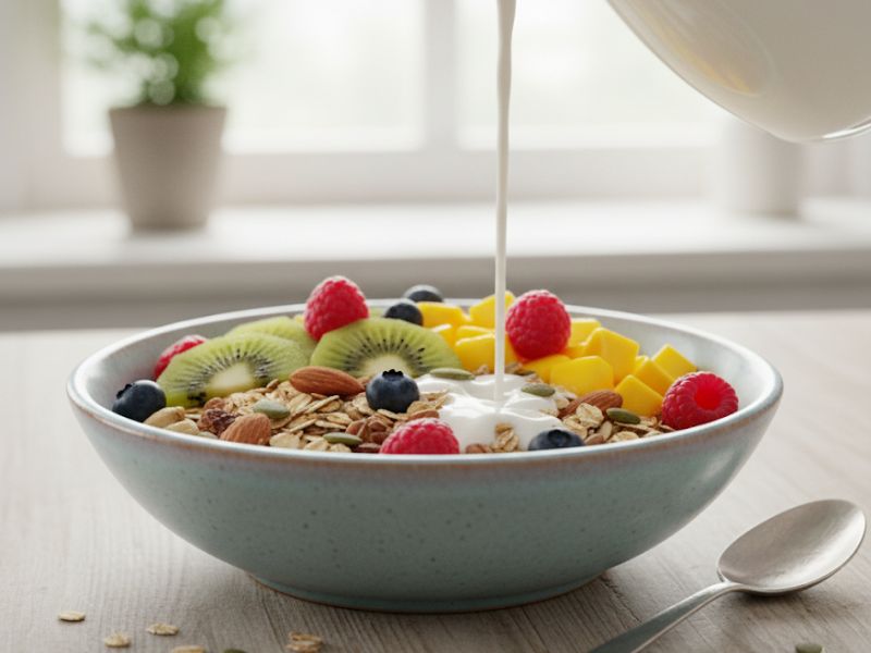 Müzli magkrémmel és gyümölcsökkel