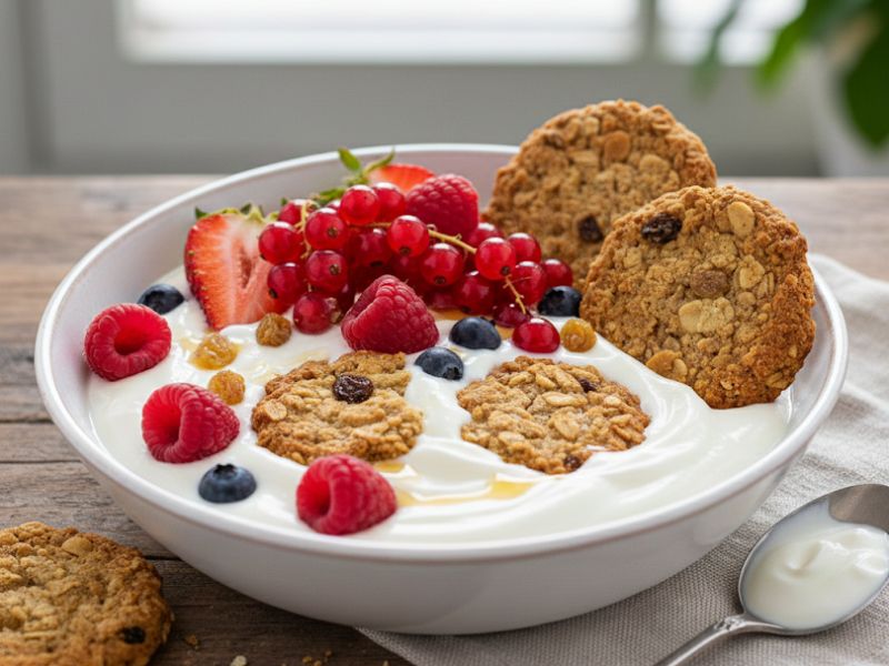 Reggeli joghurtos zabkeksz piros gyümölccsel