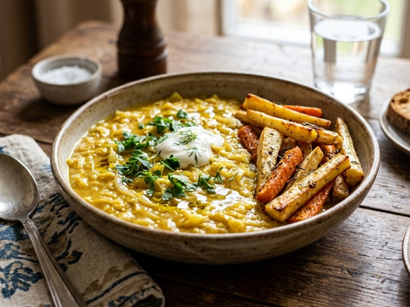 Kurkumás kelkáposzta-főzelék – pirított zöldségekkel