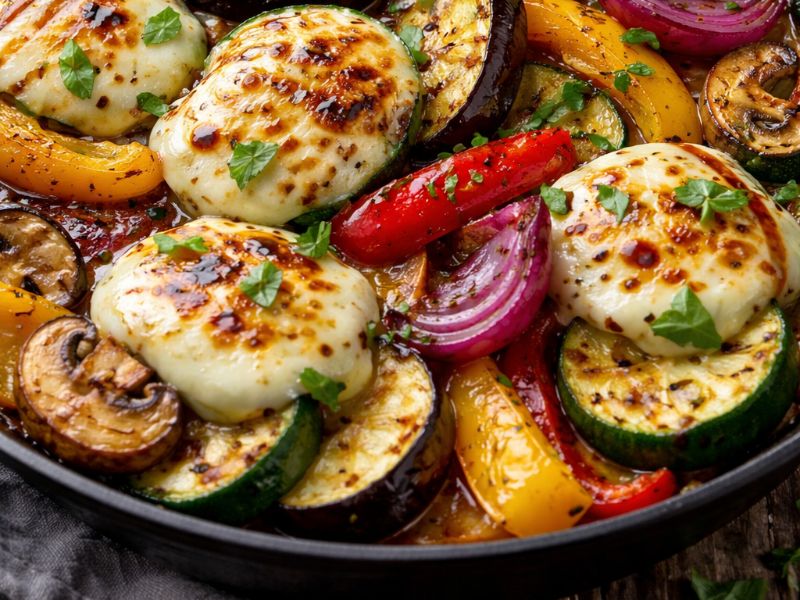 Sült zöldségek grillezett mozzarellával