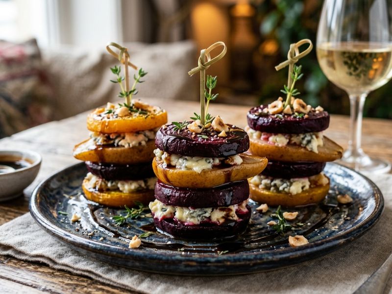 Sült cékla-körtetornyok gorgonzolával és balzsamkrémmel