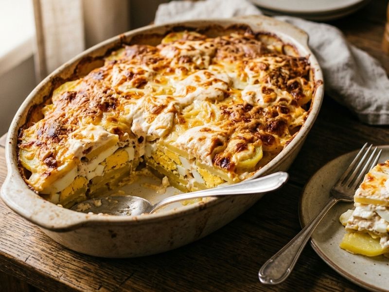 Füstös-sajtos rakott krumpli (húsmentes)