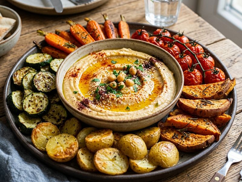 Sült zöldséges hummusztál