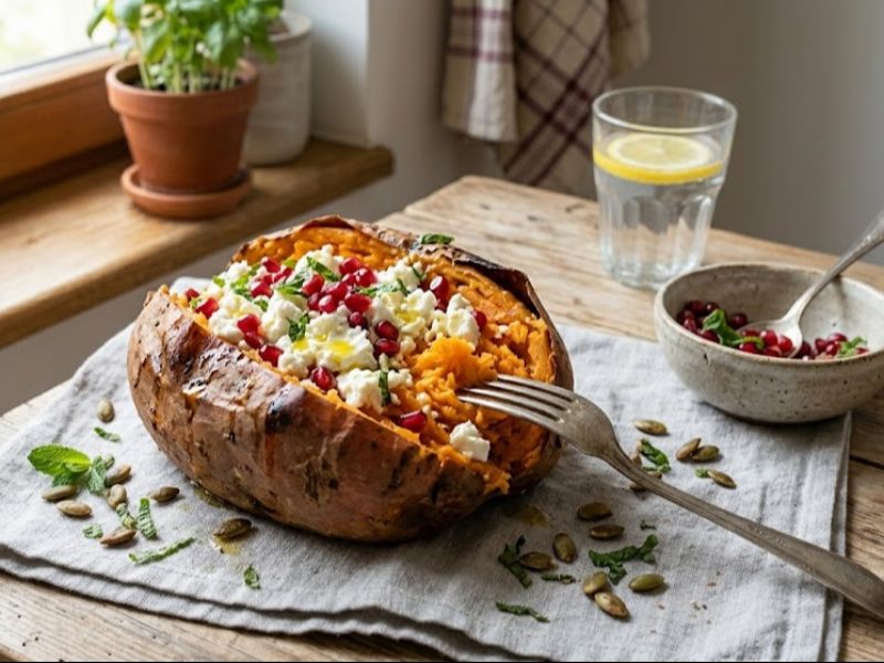 Héjában Sült Édesburgonya Fetával és Gránátalmával