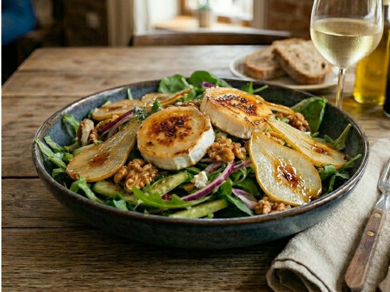 Grillezett Kecskesajtos és Karamellizált Körtés Saláta