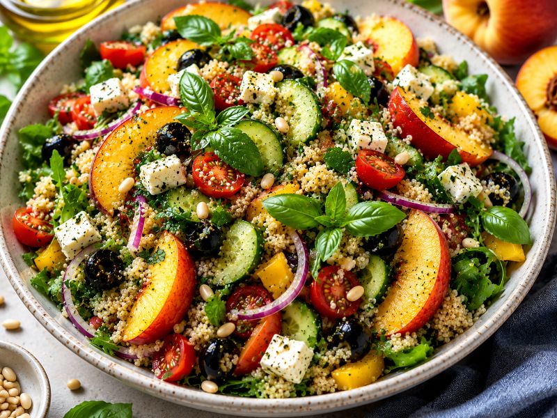 Frissítő vegán mediterrán quinoa saláta őszibarackkal