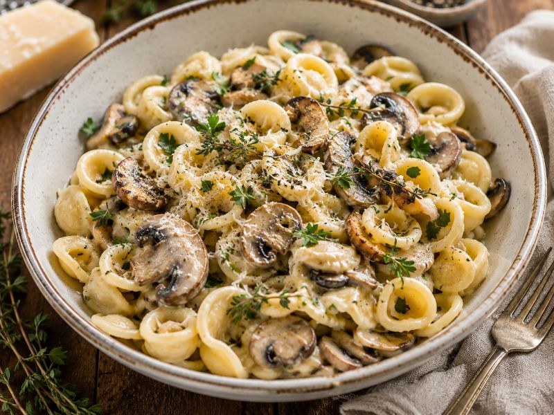 Krémes gombás orecchiette kakukkfűvel és parmezánnal