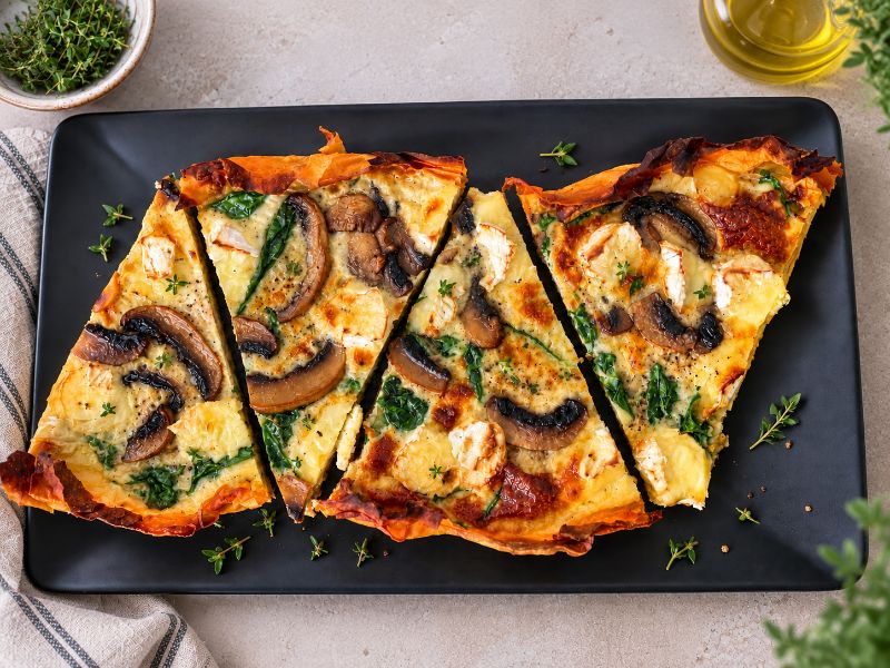 Édesburgonya-alapú quiche gombával, spenóttal és sajtokkal